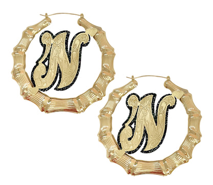 Onyx Initial Bamboo Earrings